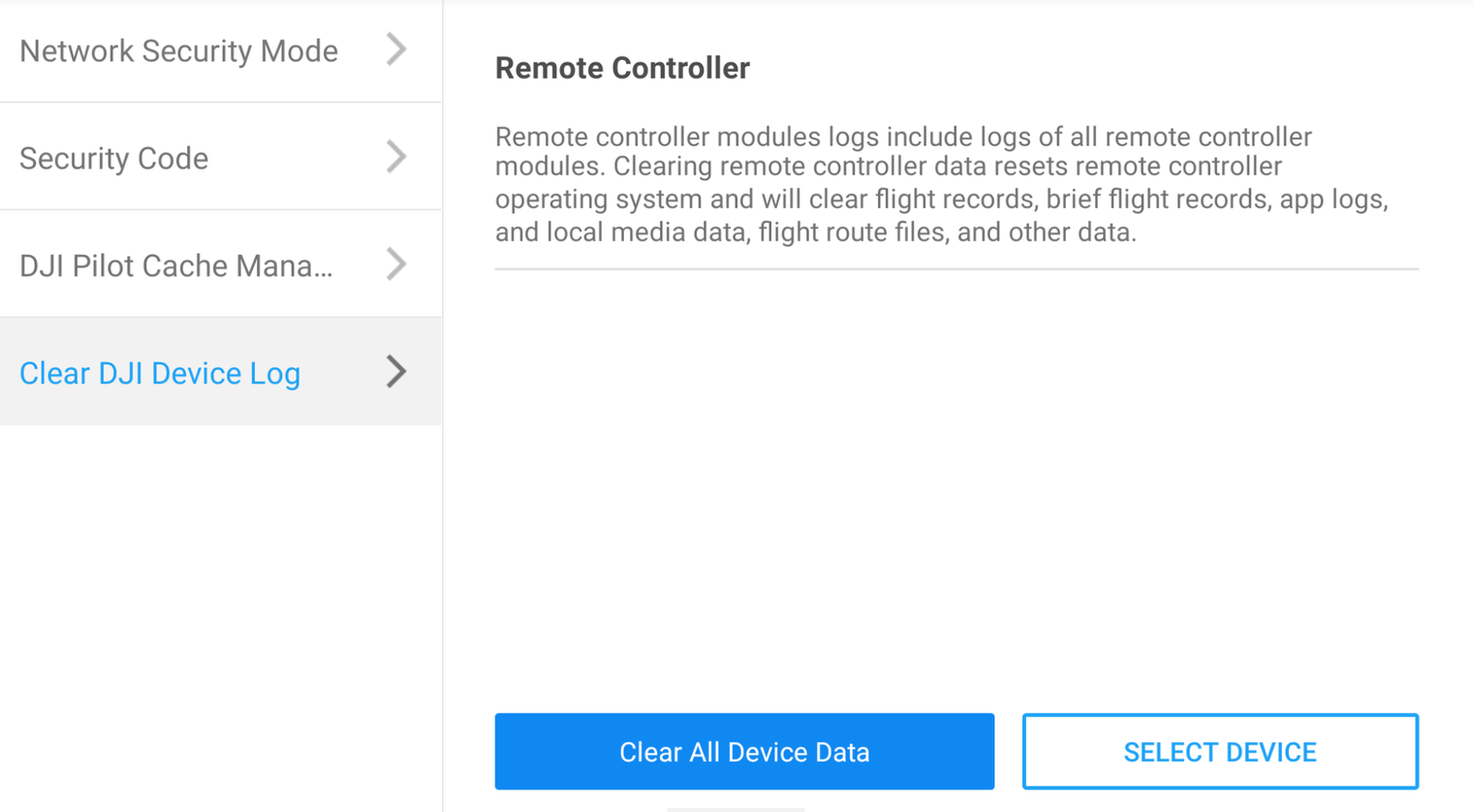 DJI Data Security: One-tap Clear All Device Data.