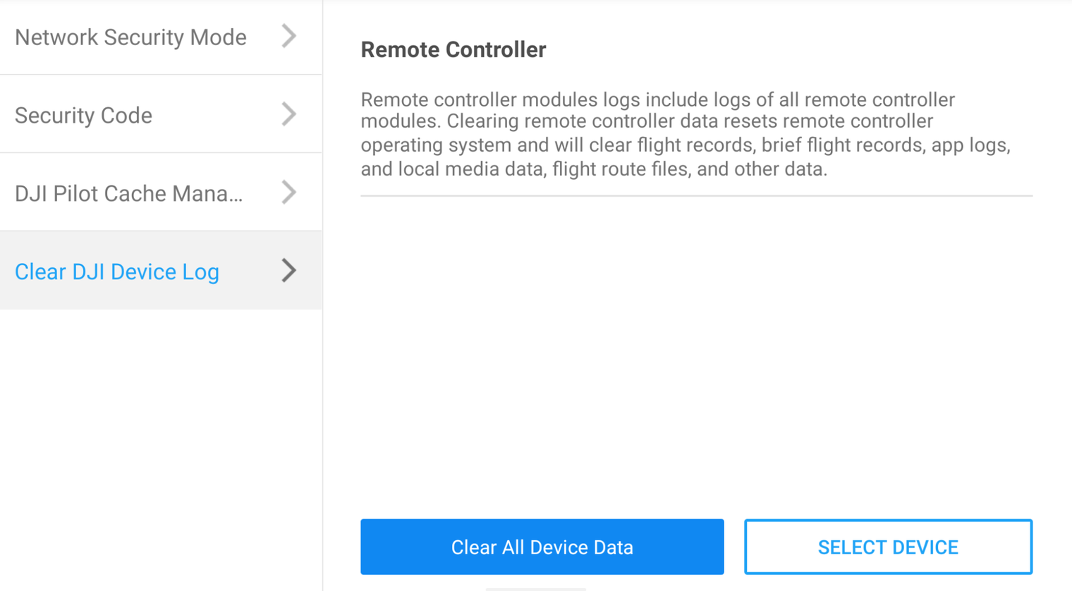 DJI Data Security: One-tap Clear All Device Data.