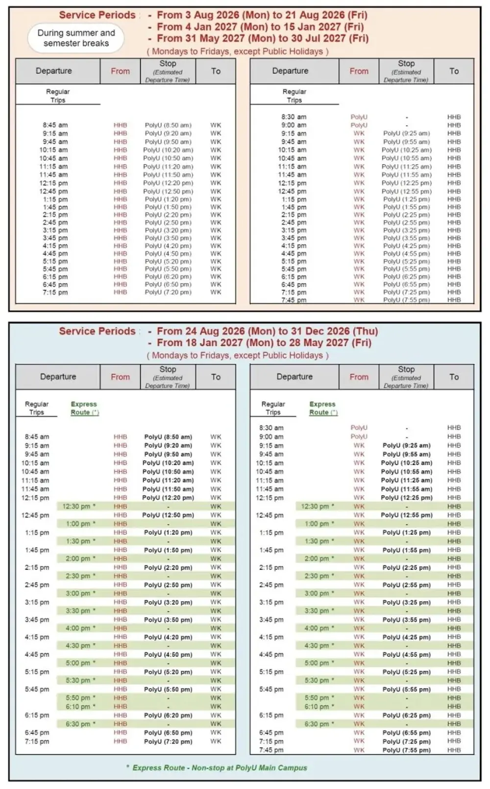 CPCE Shuttle Bus Timetable