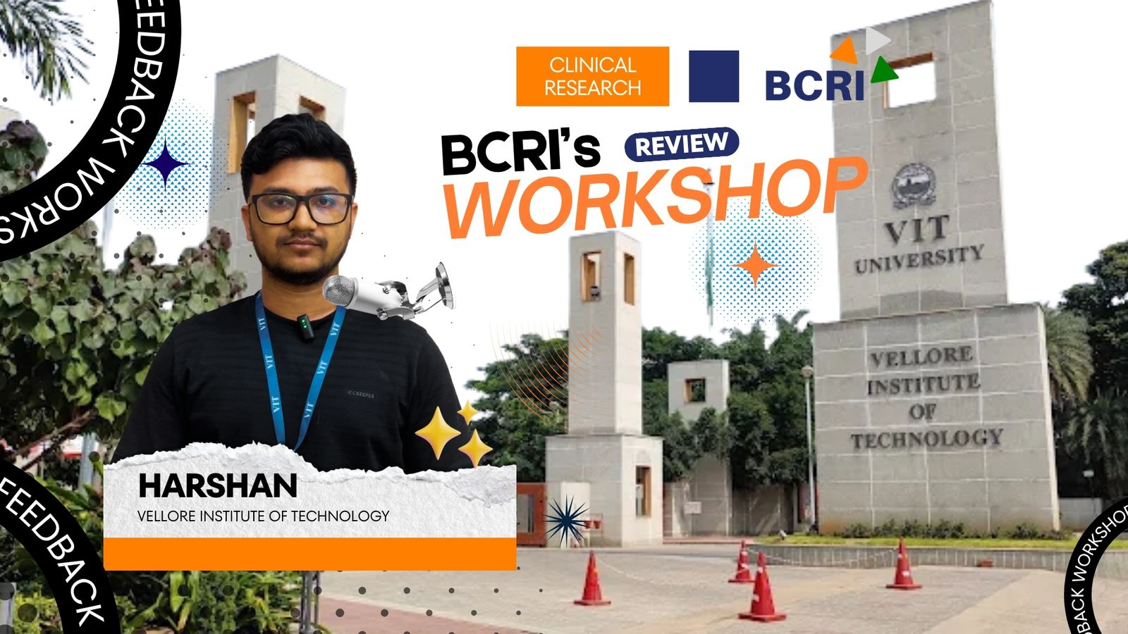 Promotional banner for BCRI’s Review Workshop featuring Harshan from Vellore Institute of Technology.
