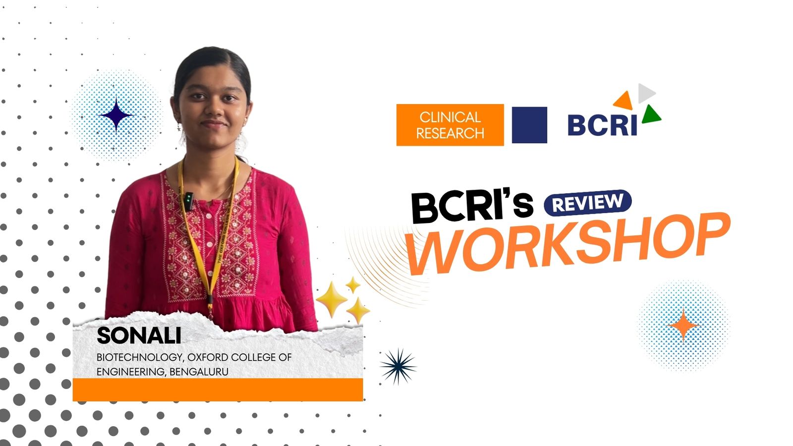 Sonali, a Biotechnology student, sharing her experience from BCRI’s 2-Day Integrated Clinical Research and Pharmacovigilance Workshop at Oxford College of Engineering, featuring practical exposure to Clinical Data Management, Clinevo Safety Database, and Pharmacovigilance.