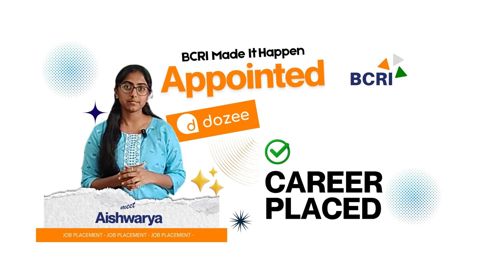 BCRI placement success: Aishwarya appointed at Dozee in the clinical research industry.