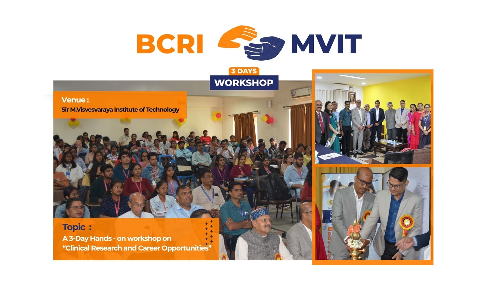 Promotional graphic for a 3-day workshop on "Clinical Research and Career Opportunities" jointly organized by BCRI and MVIT at Sir M. Visvesvaraya Institute of Technology.