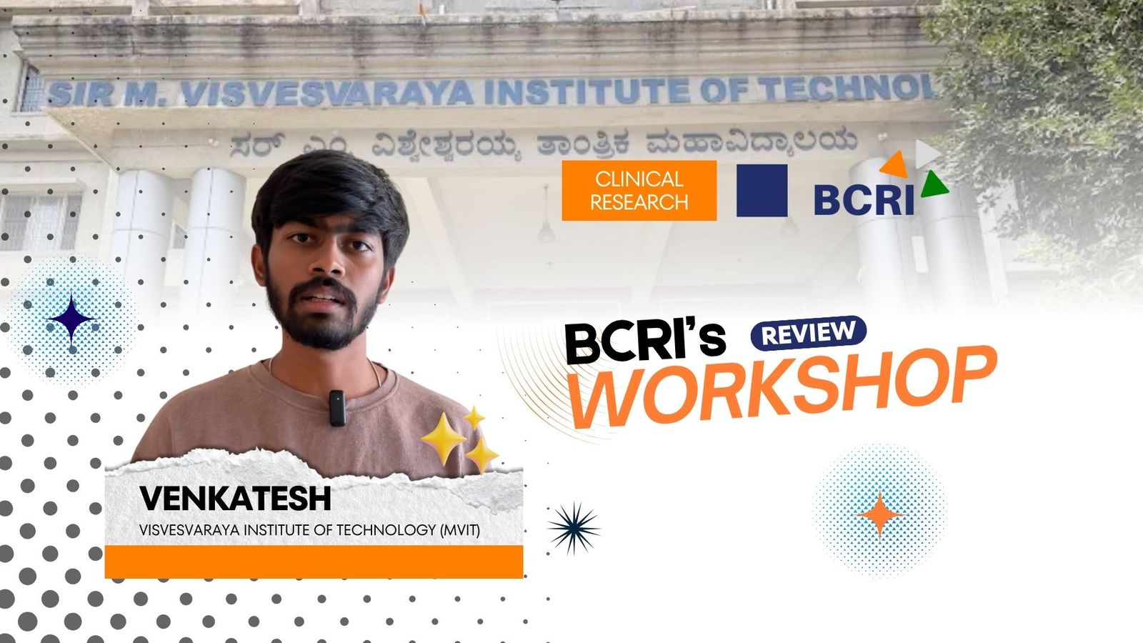 BCRI's Review Workshop promotional banner featuring student Venkatesh.