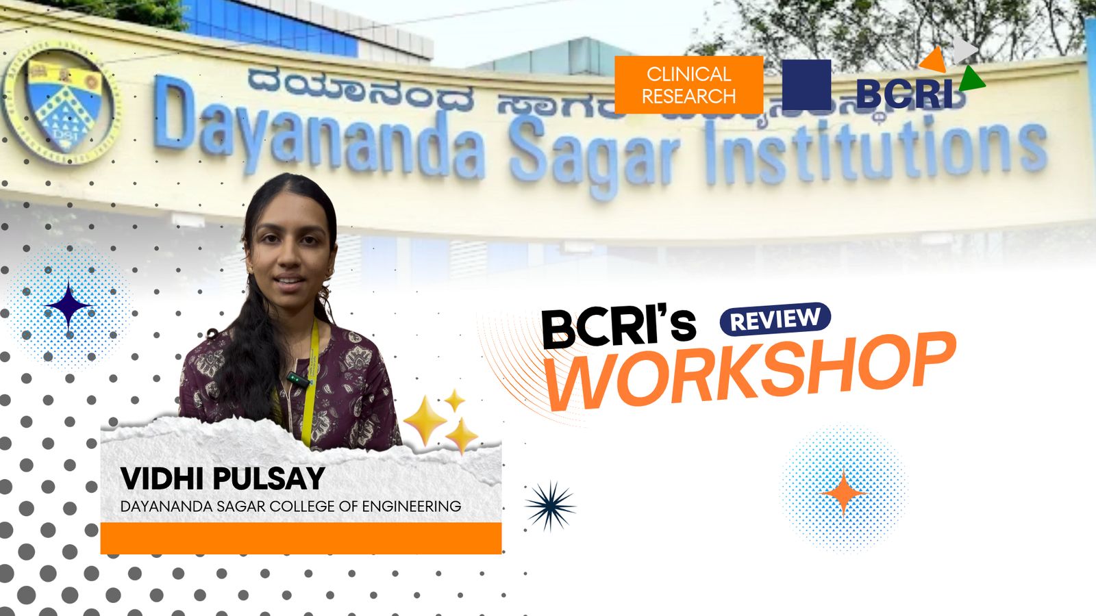 BCRI's Review Workshop event graphic featuring a portrait of Vidhi Pulsay from Administrative Management College, set against a backdrop of a large campus building with a dome.