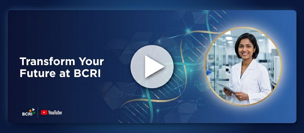 Video tile for BCRI showcasing general promotional text alongside a female researcher in a lab setting with a play button overlay.