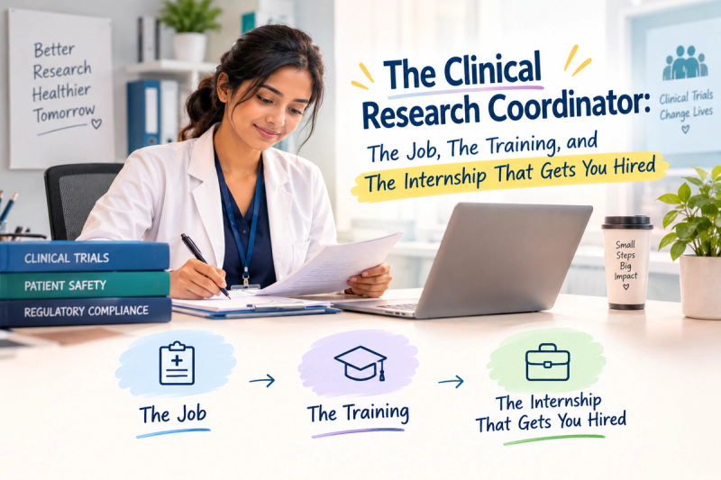 Short Alt Text: An educational graphic titled "The Clinical Research Coordinator: The Job, The Training, and The Internship That Gets You Hired," featuring a female professional working at a desk.