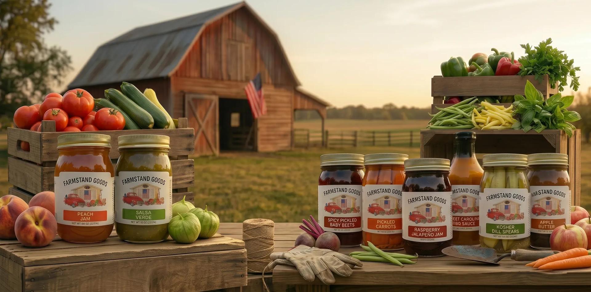 A photo of Farmstand Goods featured products with an old barn in the background