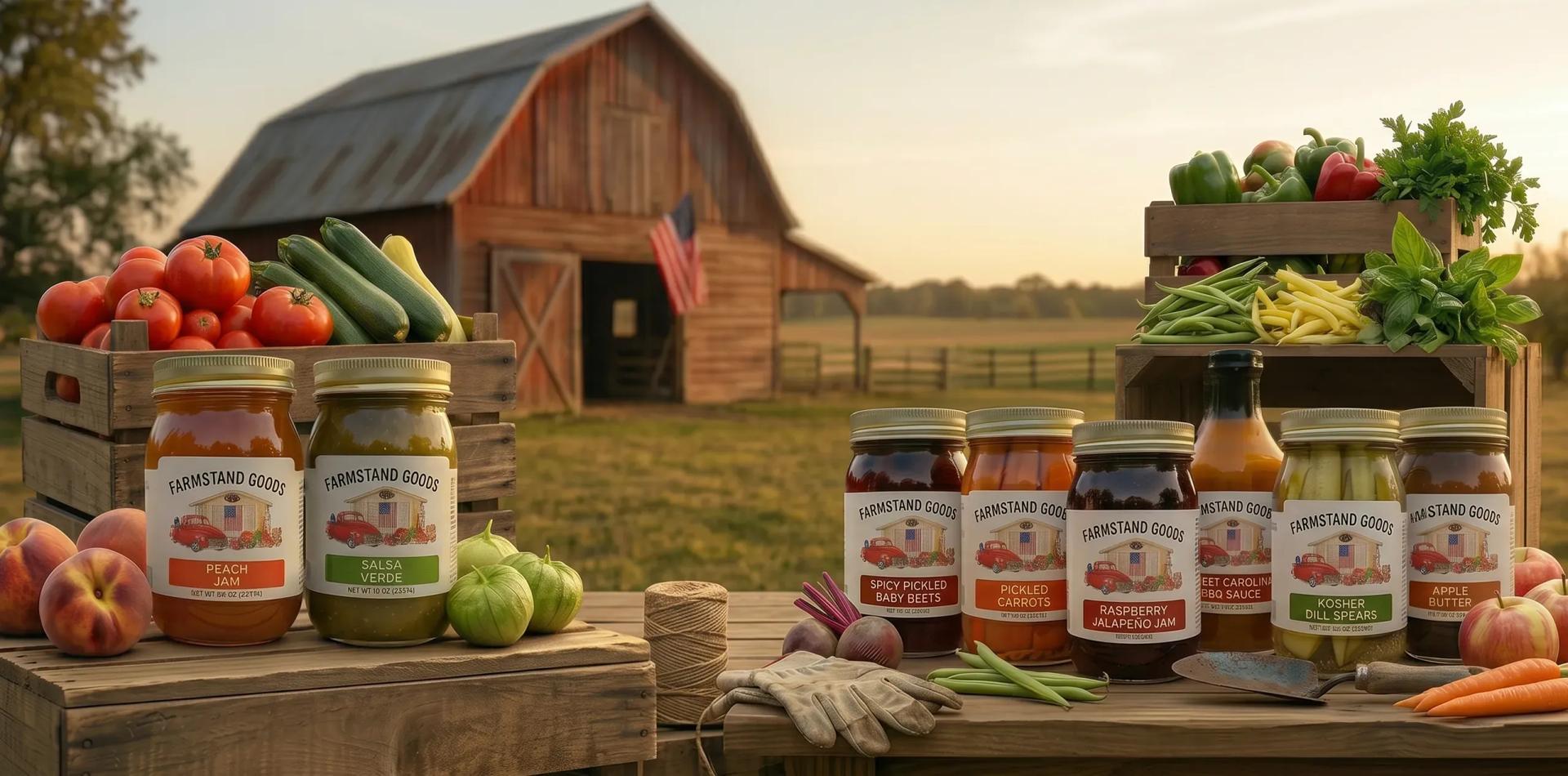A photo of Farmstand Goods featured products with an old barn in the background
