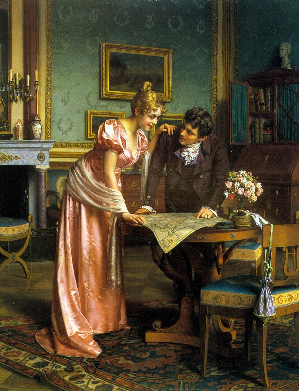 Pintura de casal debruçado sobre mapa
