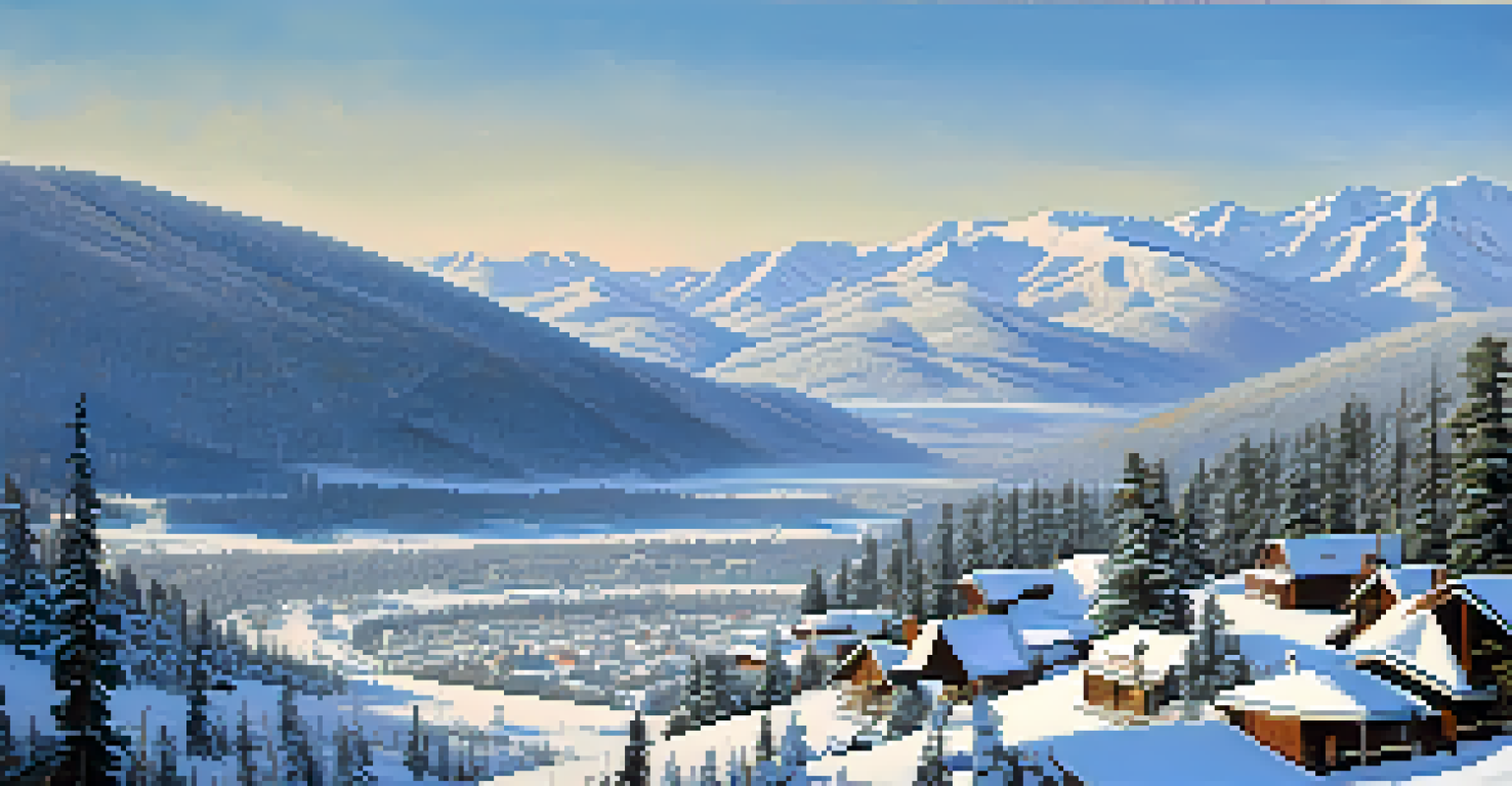 Aerial view of a snow-covered landscape in Big Bear, featuring mountains, cabins, and a winding road.