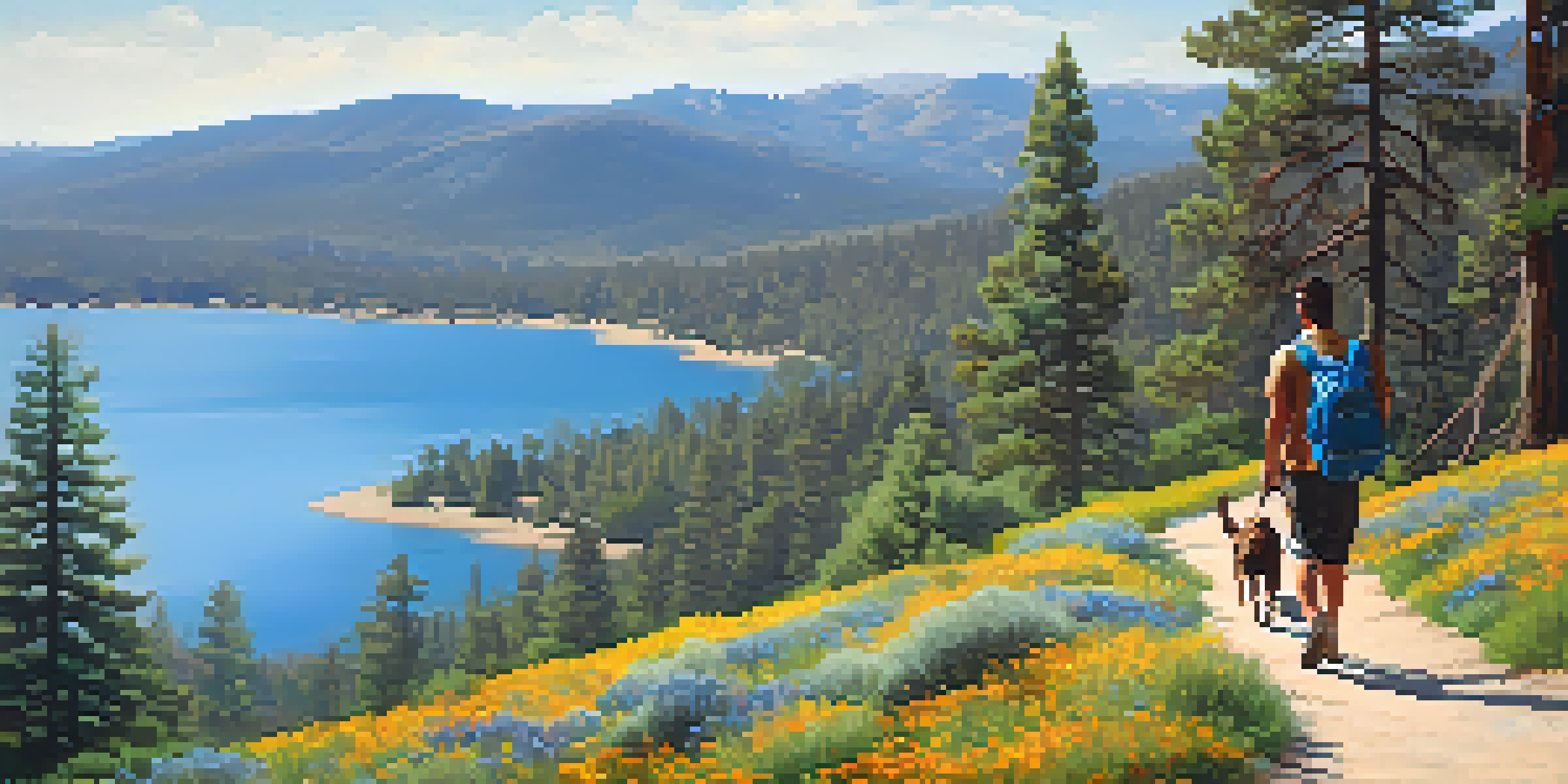 A scenic view of Castle Rock Trail with a path, trees, wildflowers, and a dog walking beside its owner near Big Bear Lake.