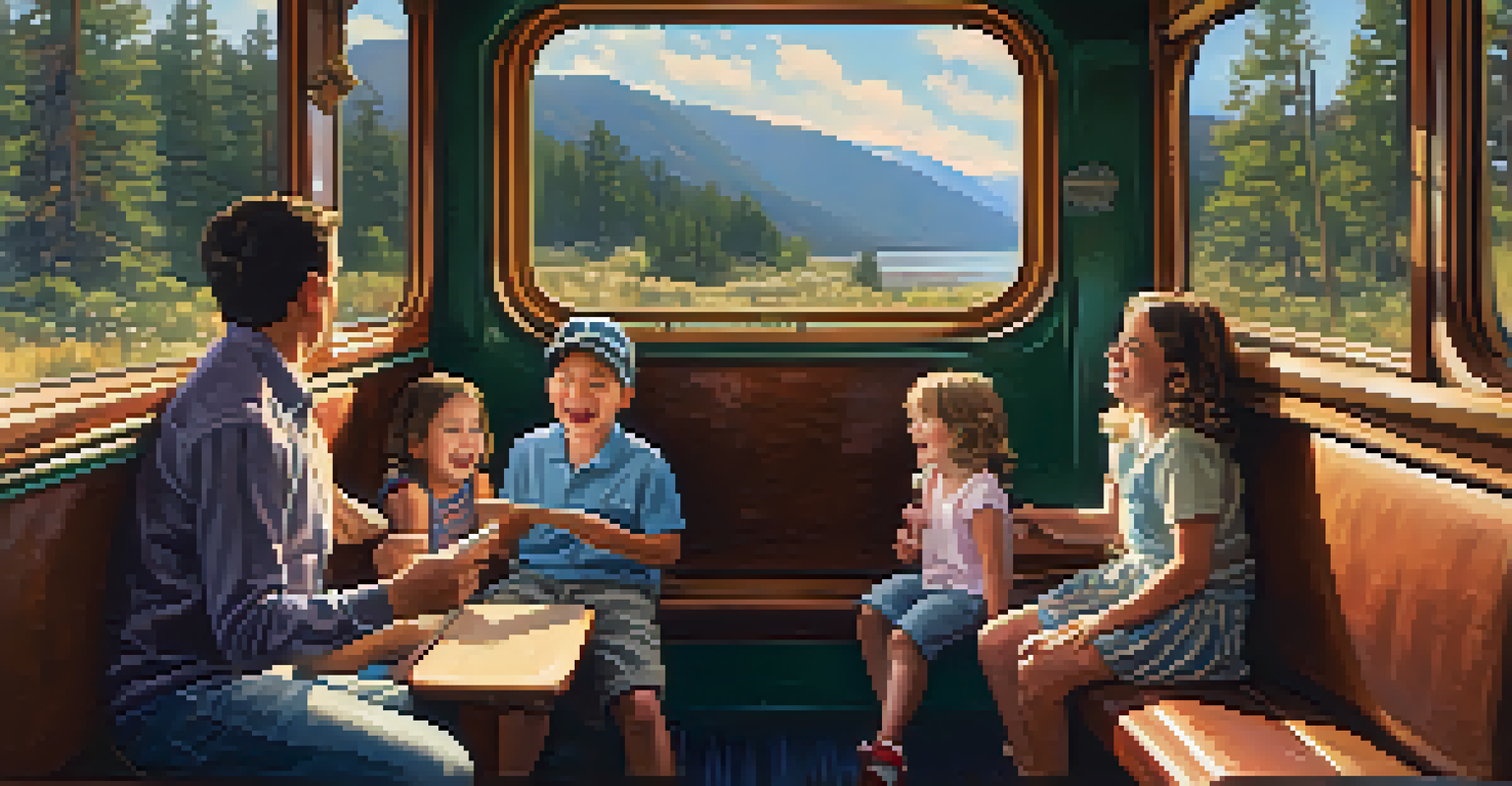 A family on a scenic train ride in Big Bear, with children looking out excitedly at the mountain views.