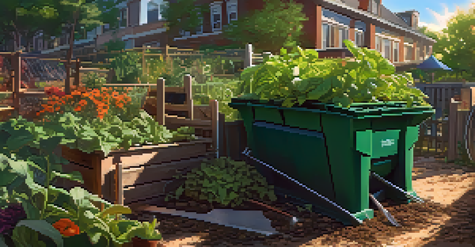A close-up view of a compost bin full of rich compost and scraps, with vibrant plants in a sunny community garden in the background.