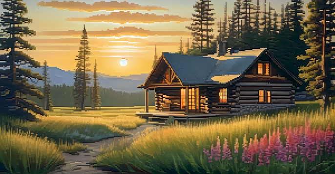 A cozy cabin in Big Bear with smoke from the chimney, surrounded by pine trees and wildflowers, during sunset.