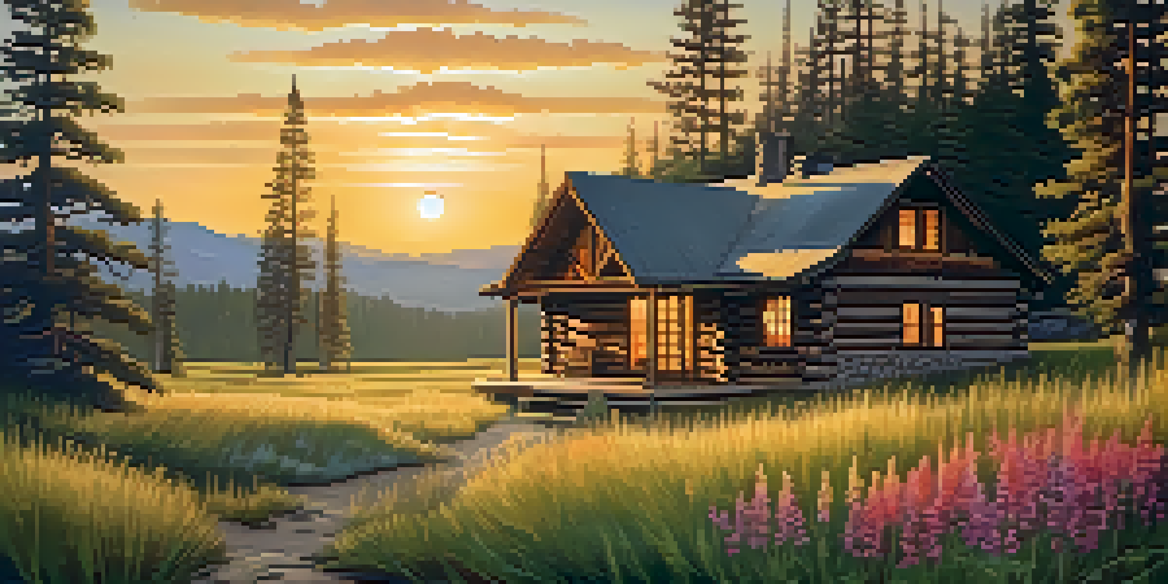 A cozy cabin in Big Bear with smoke from the chimney, surrounded by pine trees and wildflowers, during sunset.