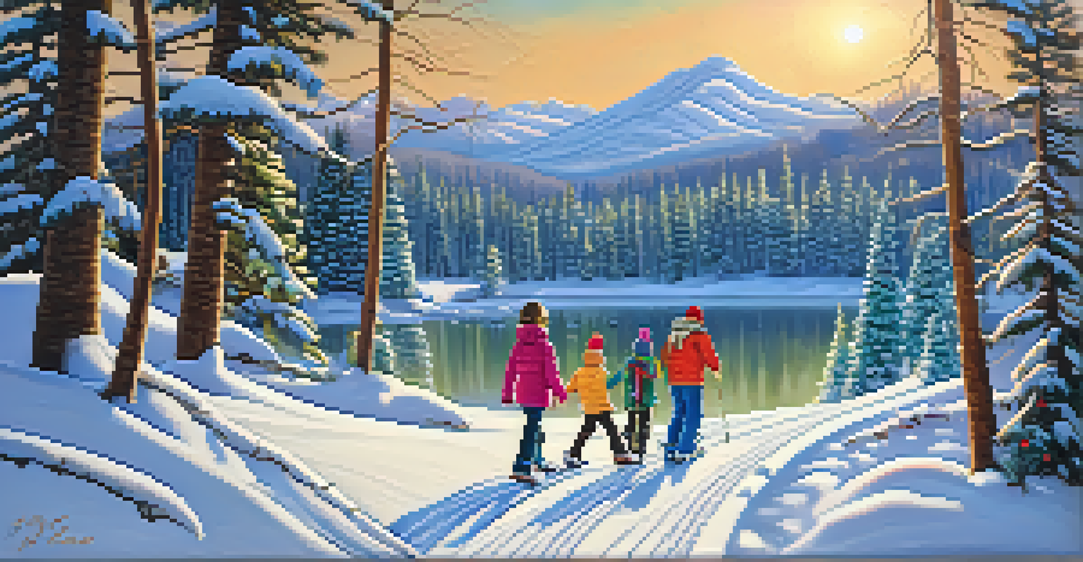 A family snowshoeing along the Alpine Pedal Path beside a lake, with children playing in the snow and colorful winter clothing against the white backdrop.