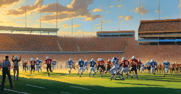 A lively high school football game at sunset with fans cheering and players in action.