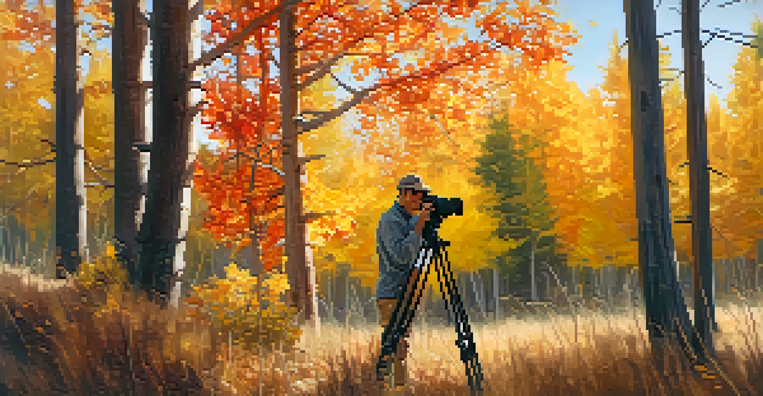 A photographer taking pictures of autumn leaves in Big Bear, with vibrant colors and soft light.