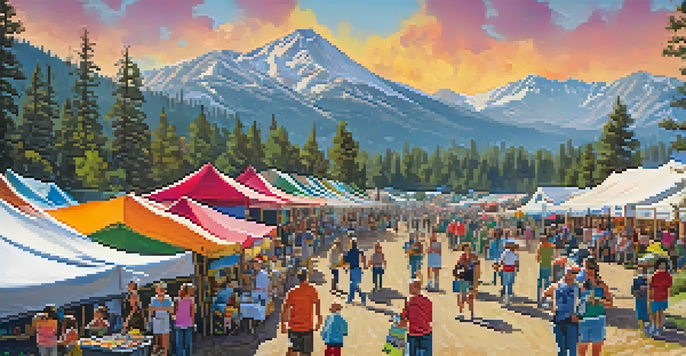 A busy outdoor festival with colorful vendor booths, families enjoying food, and beautiful mountainous scenery in the background.
