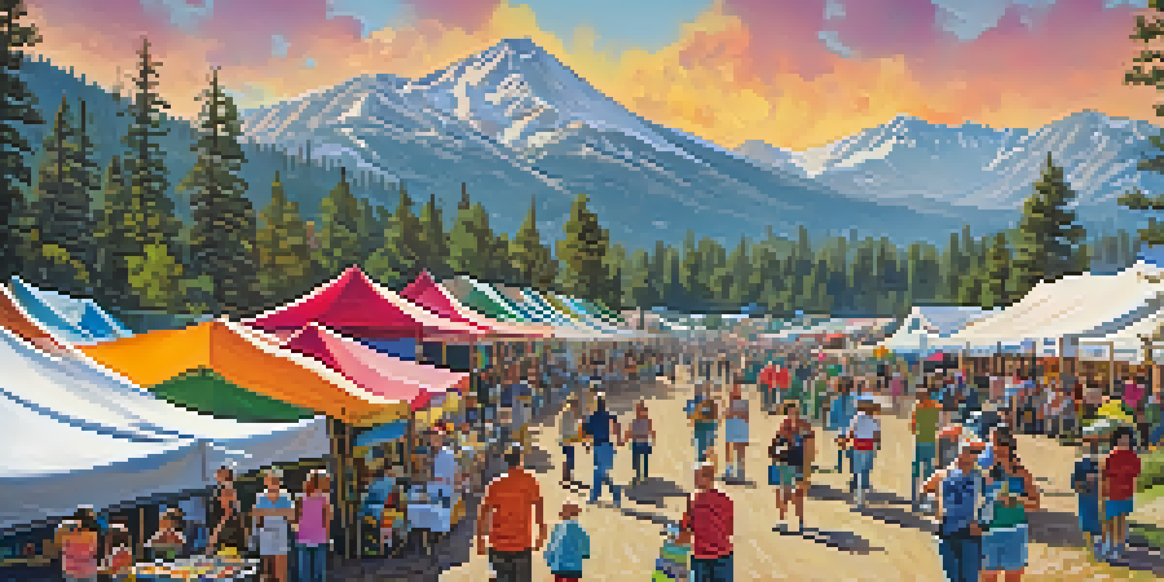 A busy outdoor festival with colorful vendor booths, families enjoying food, and beautiful mountainous scenery in the background.