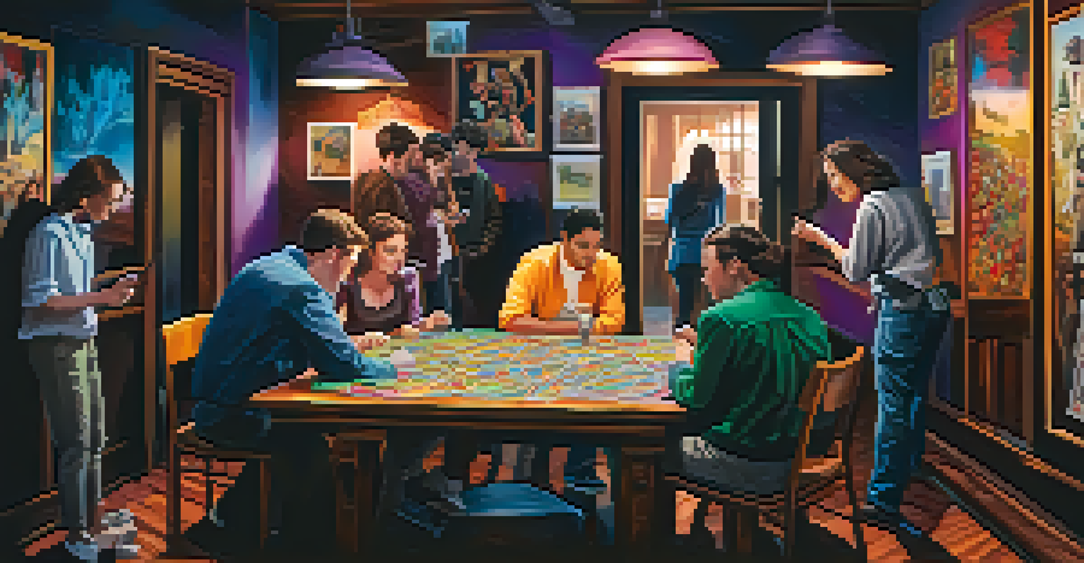 Friends working together in an escape room, examining clues and puzzles with a mysterious painting in the background.