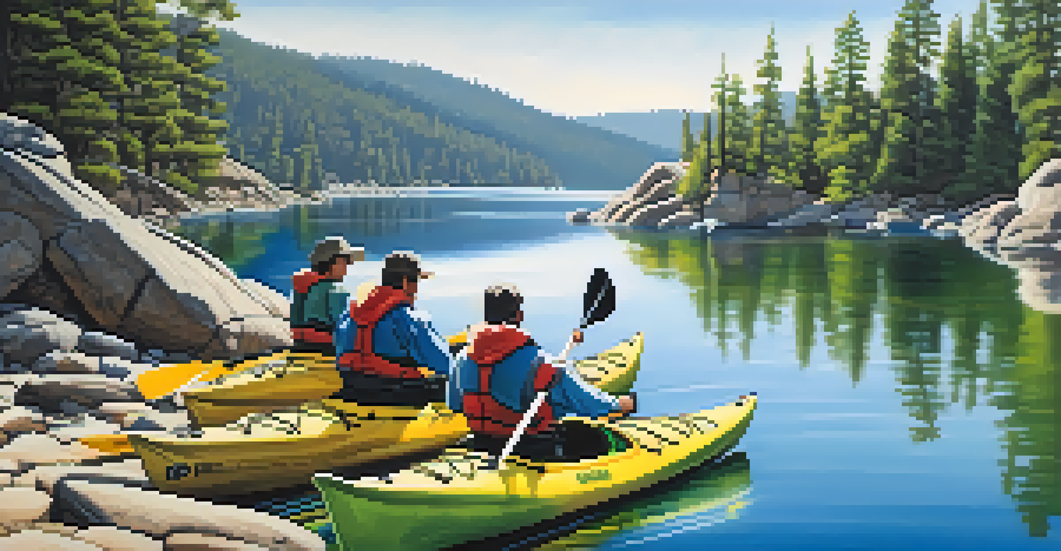 A group of kayakers on a guided tour, paddling along a rugged shoreline with rock formations and greenery under a blue sky.