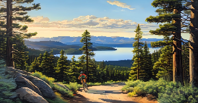 A panoramic view of Big Bear Lake with a mountain biking trail in front, surrounded by green forests and a clear blue sky.