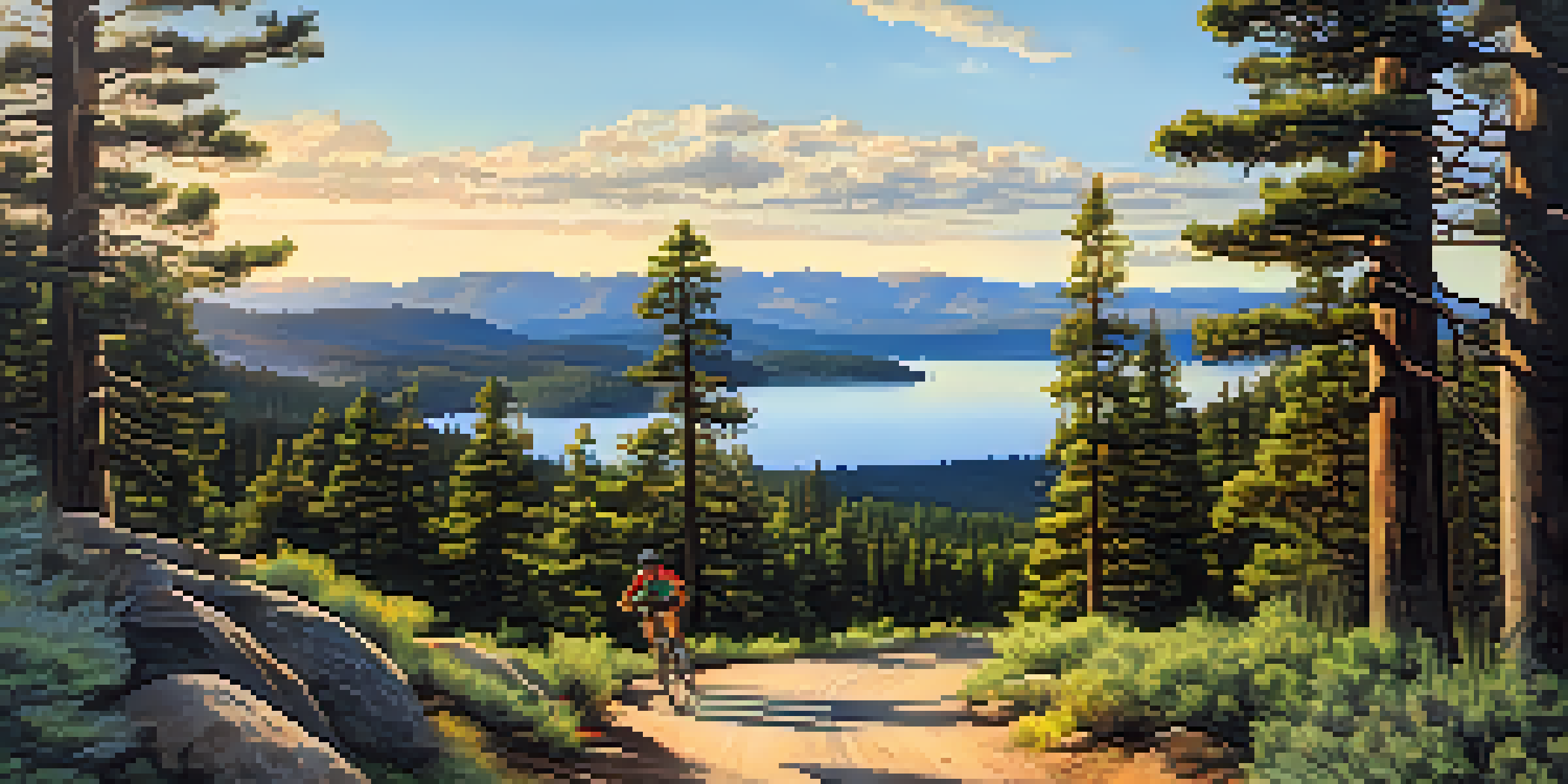 A panoramic view of Big Bear Lake with a mountain biking trail in front, surrounded by green forests and a clear blue sky.