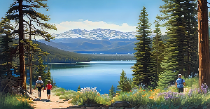 A peaceful landscape of Big Bear Lake with pine trees and mountains, featuring a family hiking on a trail with blooming wildflowers.