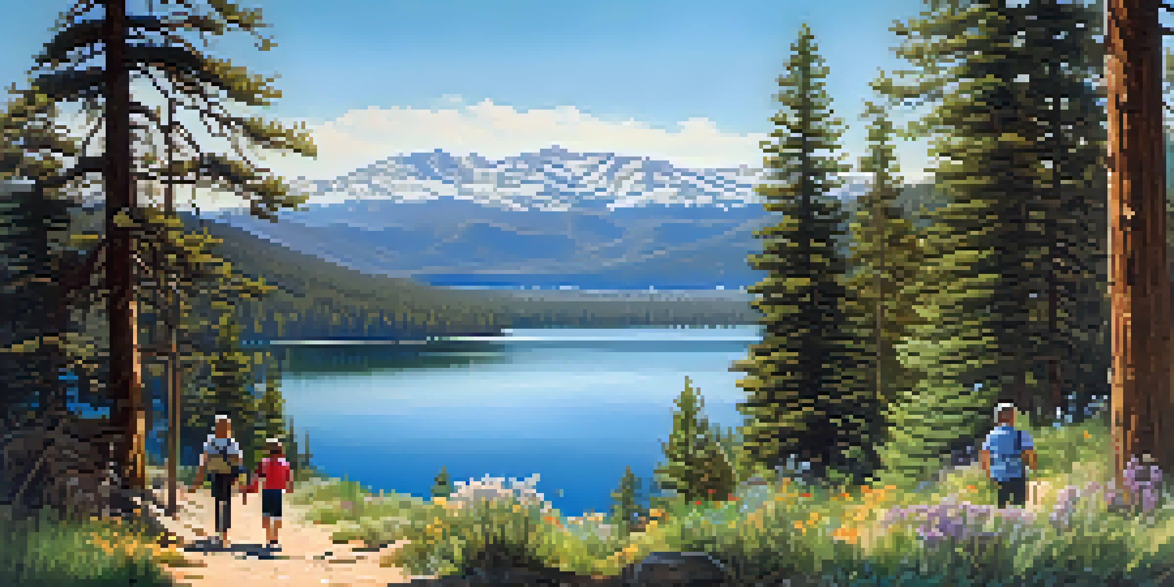 A peaceful landscape of Big Bear Lake with pine trees and mountains, featuring a family hiking on a trail with blooming wildflowers.