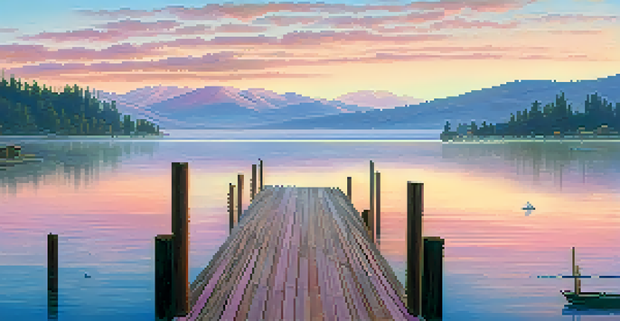 A peaceful sunrise over Big Bear Lake with mist on the water and mountains in the background, featuring a fisherman in a boat.