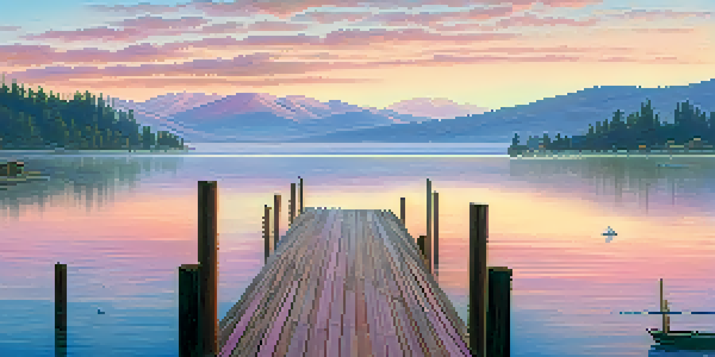 A peaceful sunrise over Big Bear Lake with mist on the water and mountains in the background, featuring a fisherman in a boat.