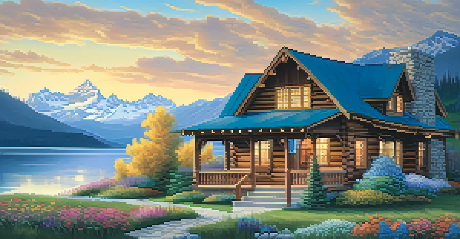 A Craftsman-style cabin with detailed woodwork and flowers in front, against a backdrop of snowy mountains and a blue sky.