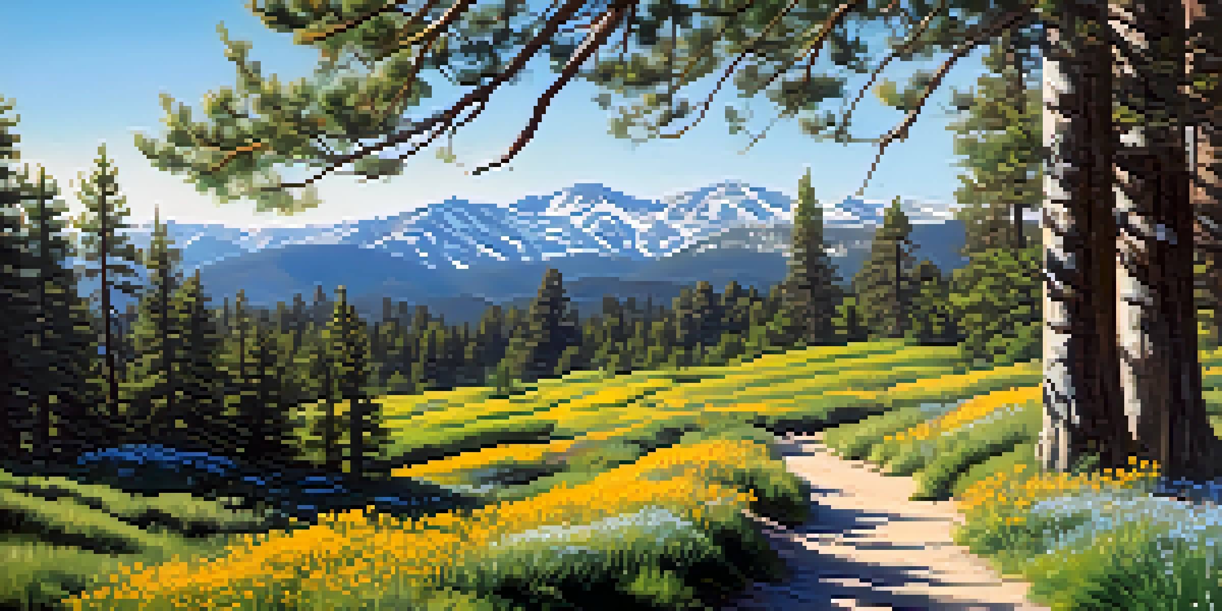A peaceful spring scene in Big Bear with colorful wildflowers along a hiking path and snowy mountains in the background, illuminated by soft sunlight.