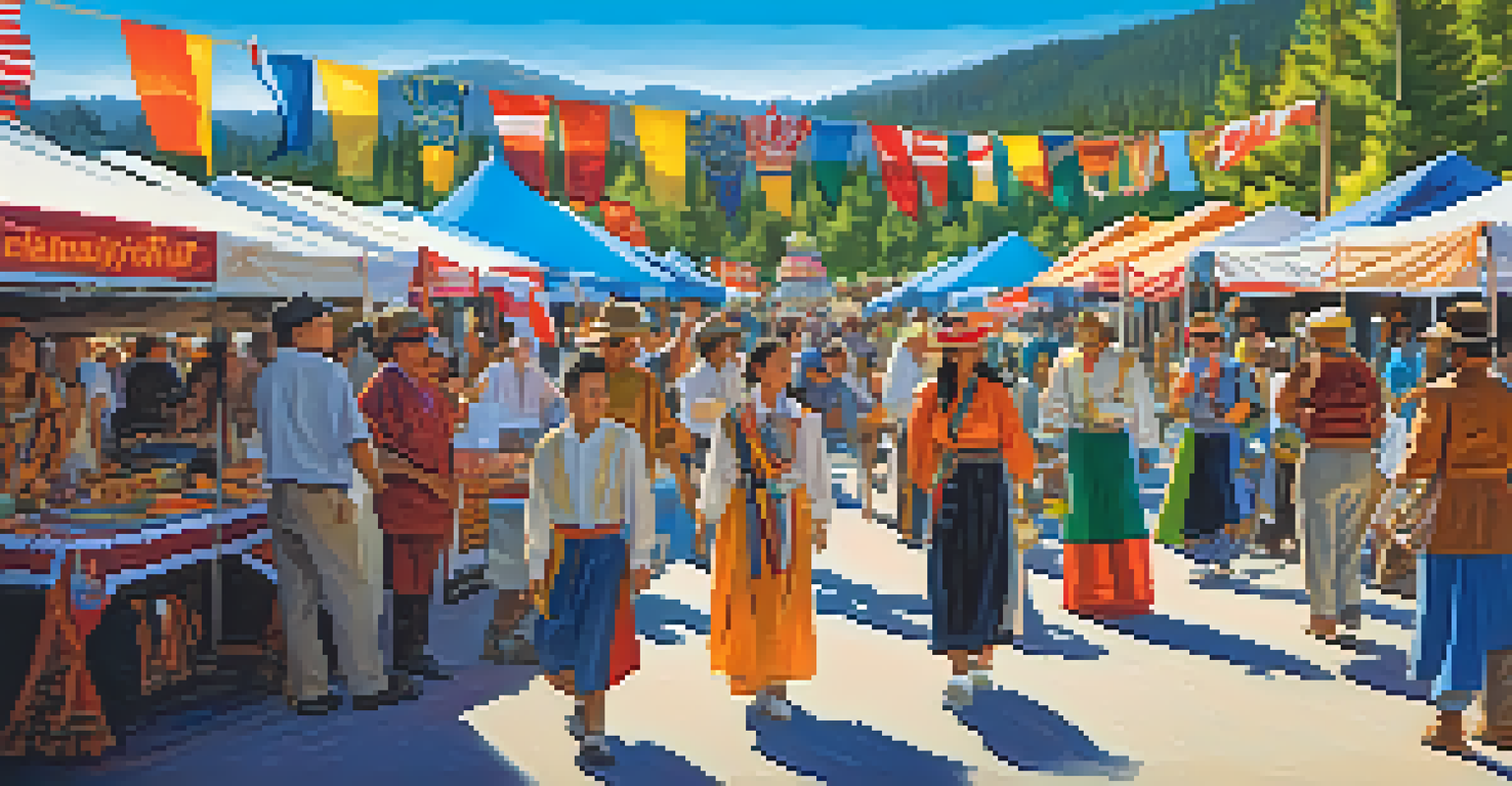 A lively community festival in Big Bear with cultural displays, traditional costumes, and people enjoying food stalls under a blue sky.