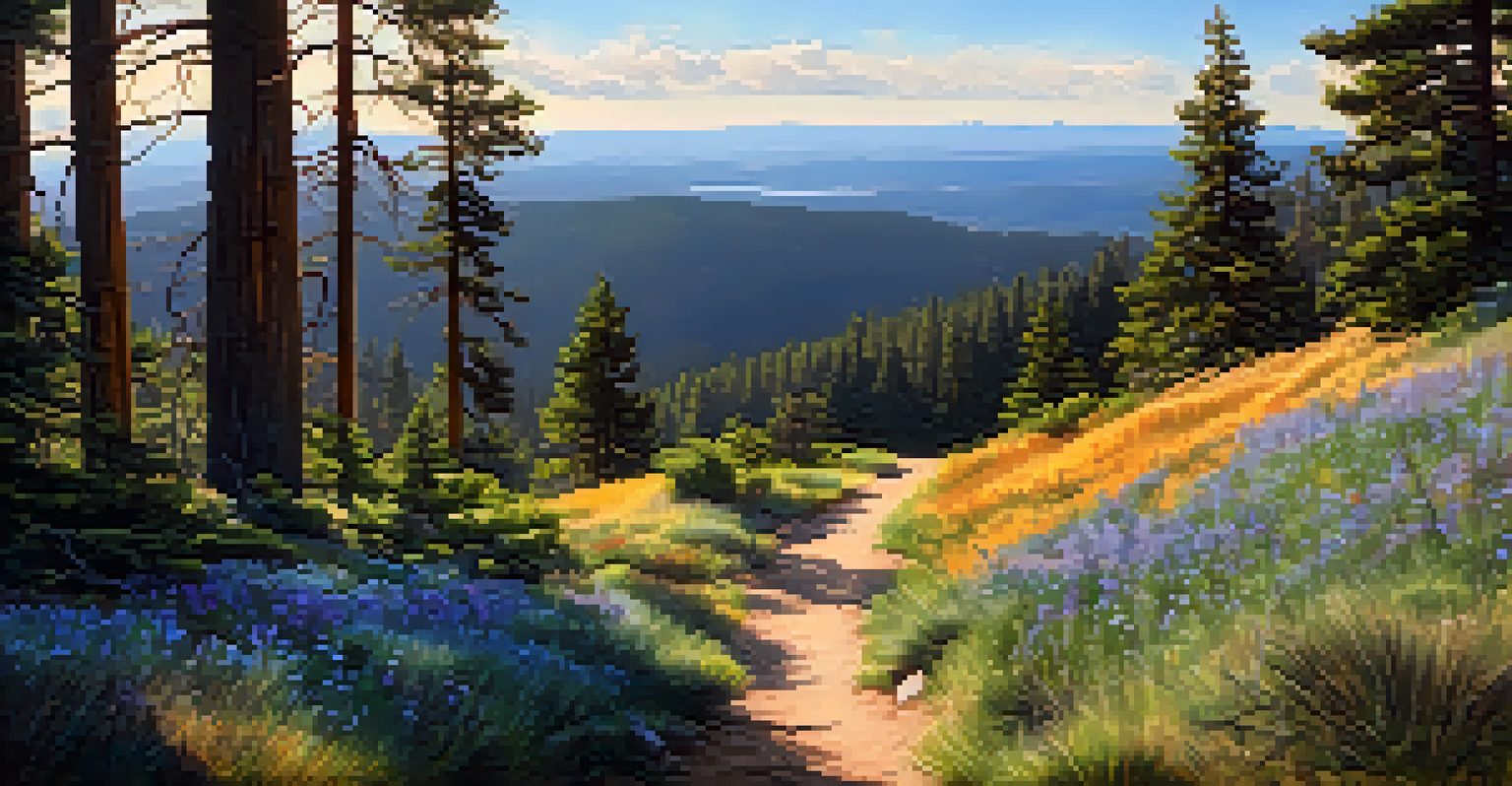 A scenic hiking trail to Big Bear Fire Lookout, lined with tall pine trees and colorful flowers.