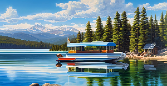 A colorful pontoon boat on the clear waters of Big Bear Lake, surrounded by pine forests and mountains under a bright blue sky.