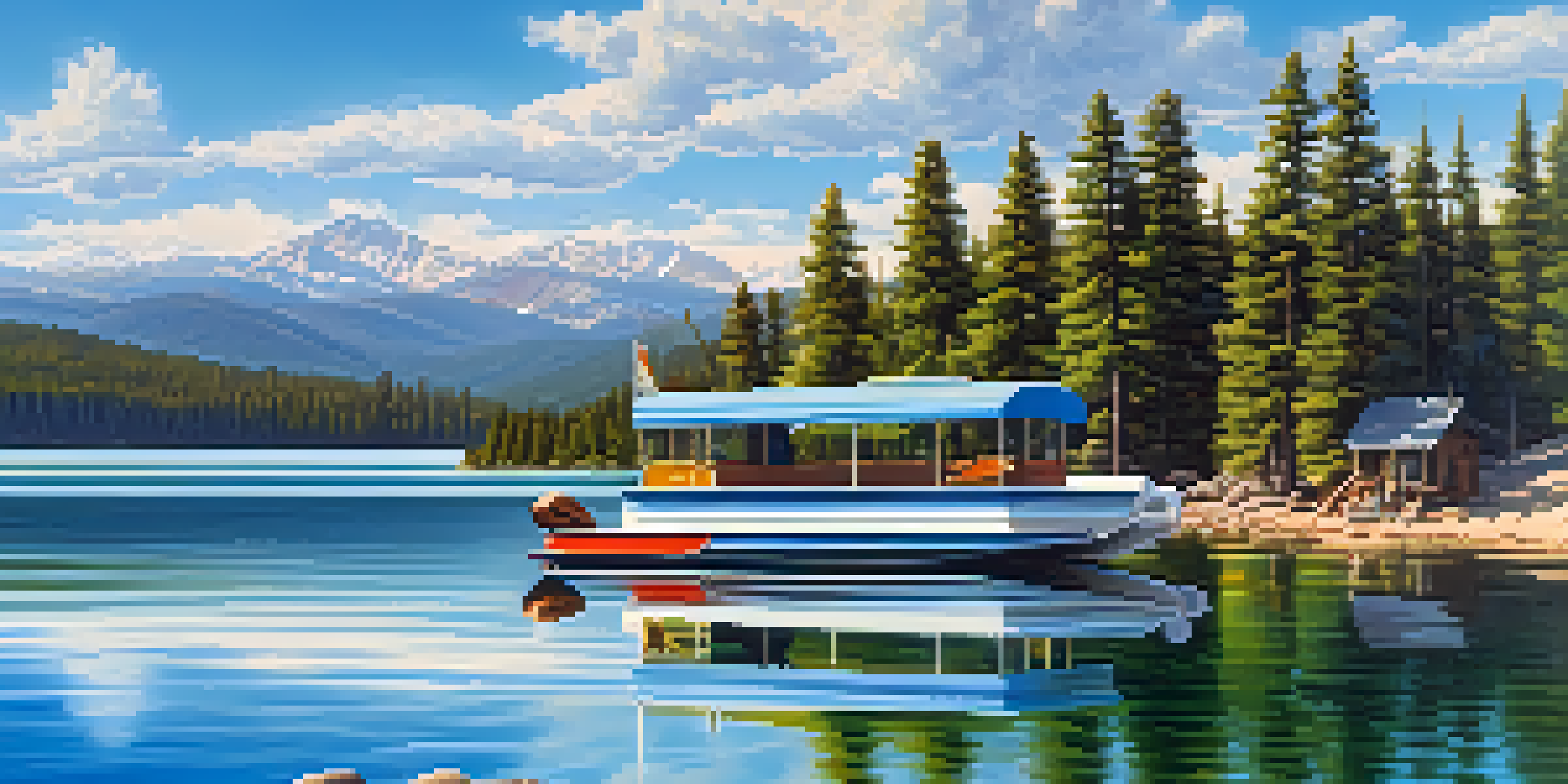 A colorful pontoon boat on the clear waters of Big Bear Lake, surrounded by pine forests and mountains under a bright blue sky.
