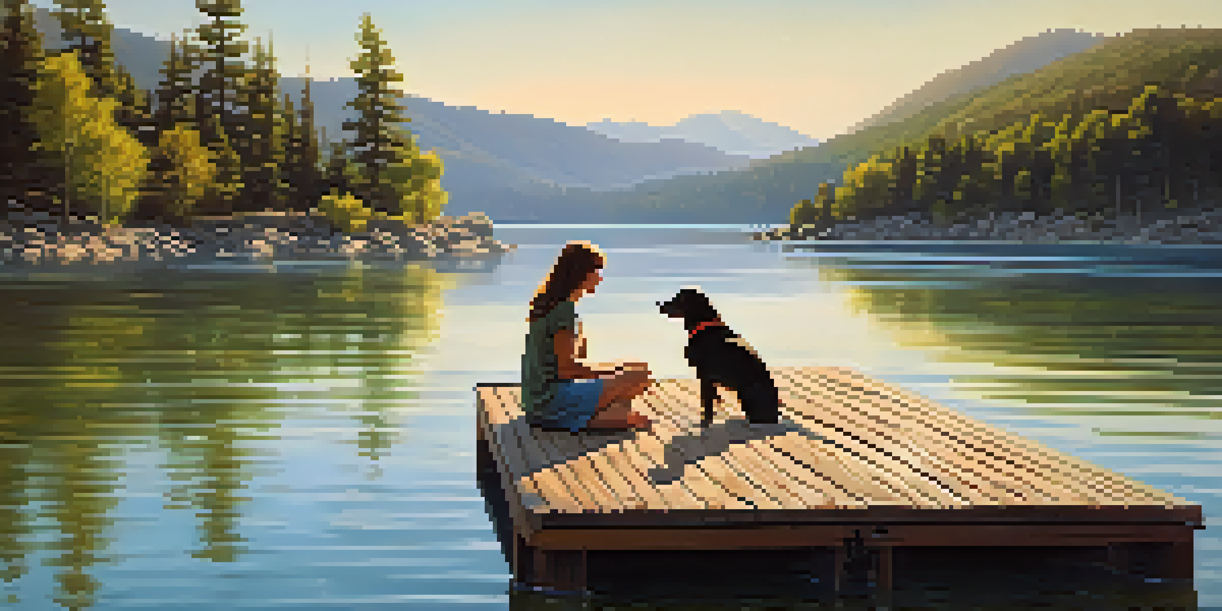 A person and their dog enjoying a peaceful sunset by Big Bear Lake, with trees and mountains in the background.