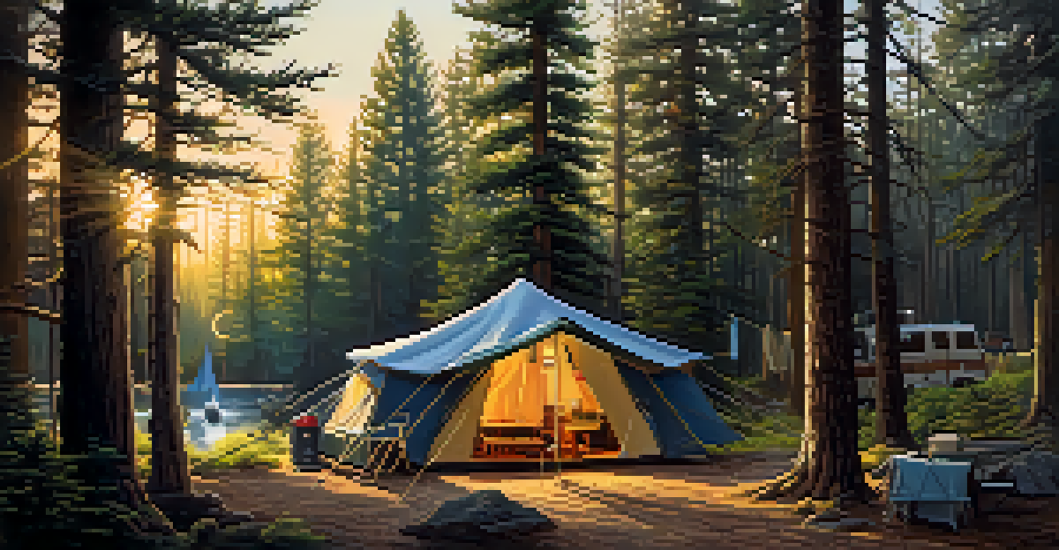 A peaceful forest campground with towering pine trees, tents, and a starry night sky.