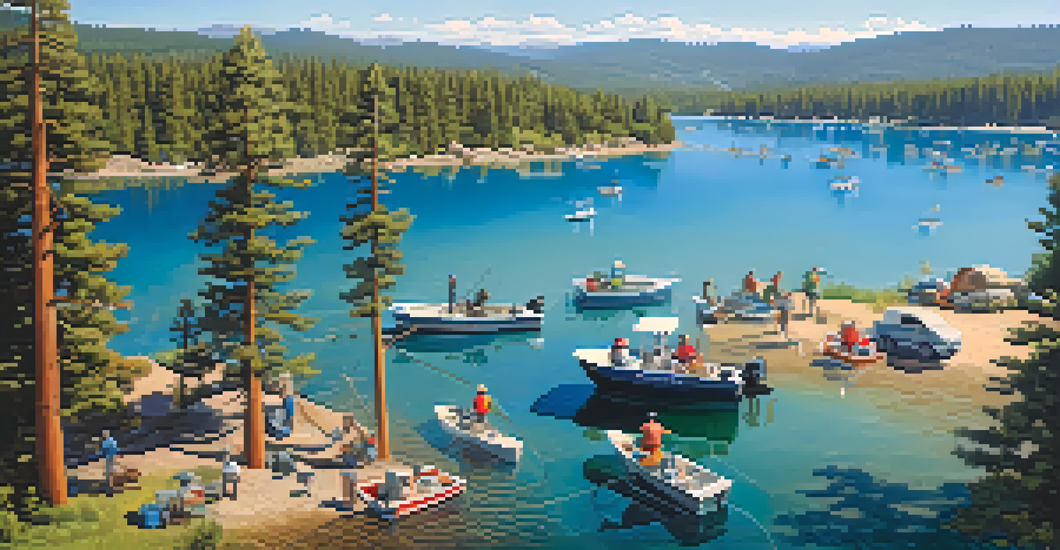 A lively fishing scene at Big Bear Lake in summer, featuring multiple anglers in boats.