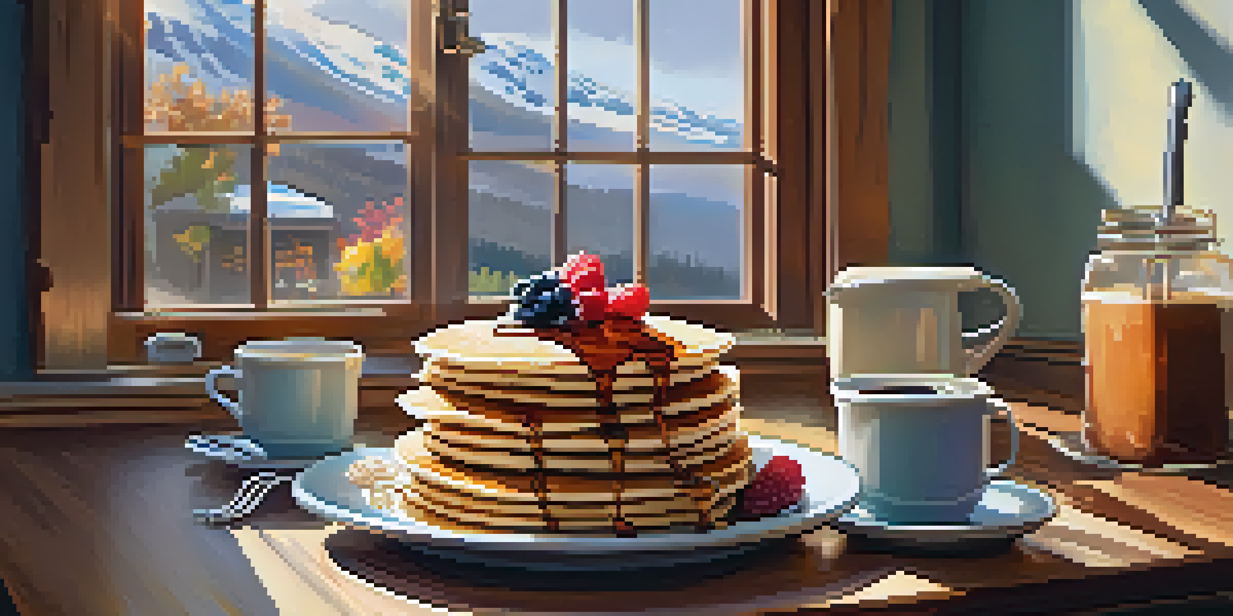 A table set with oatmeal pancakes, fresh berries, a fruit bowl, and a cup of coffee in a warm cafe setting.