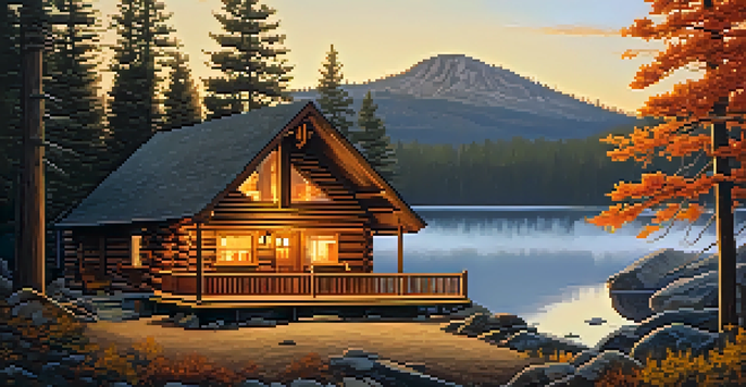 A rustic wooden cabin surrounded by pine trees and autumn leaves, with smoke rising from the chimney and golden sunlight illuminating the scene.