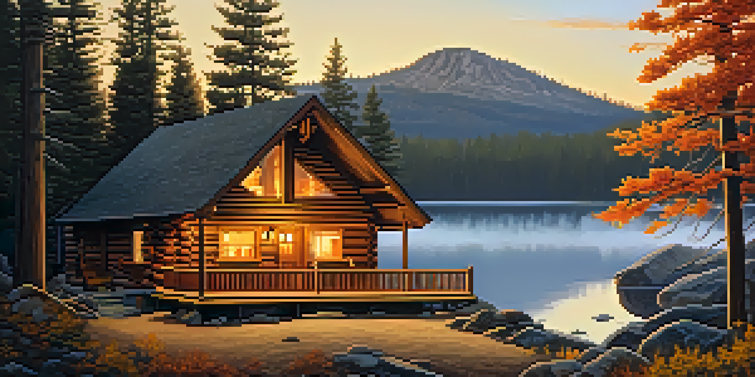 A rustic wooden cabin surrounded by pine trees and autumn leaves, with smoke rising from the chimney and golden sunlight illuminating the scene.