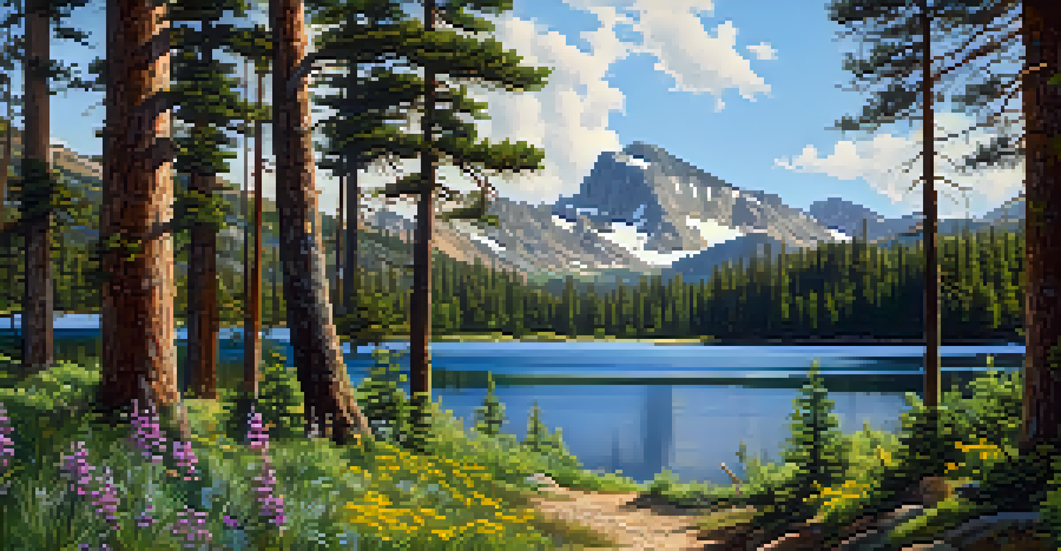 A beautiful hiking trail leading to Pine Knot Lake, surrounded by pine trees and wildflowers.