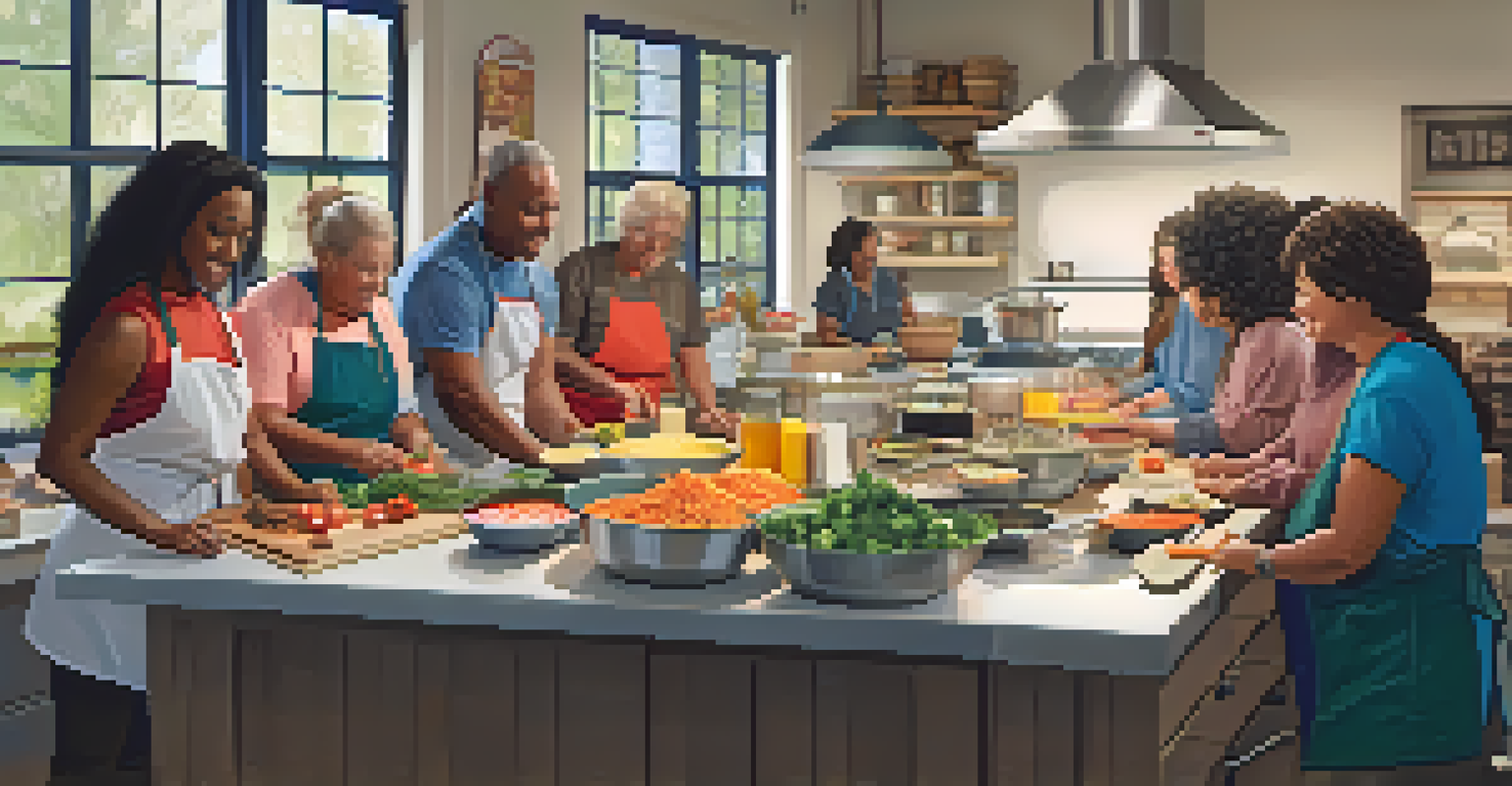 Adults participating in a cooking class at a community center, with a variety of colorful ingredients and a warm, inviting atmosphere.