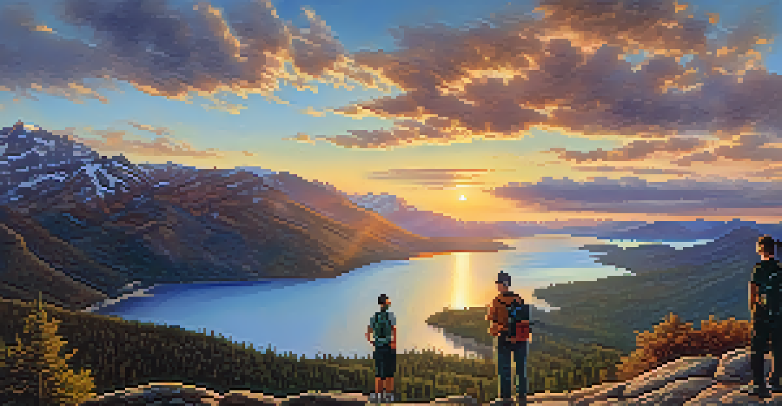 A stunning view of a sunset from Eagle Point, showing the lake and mountains in vibrant colors, with hikers in the foreground.