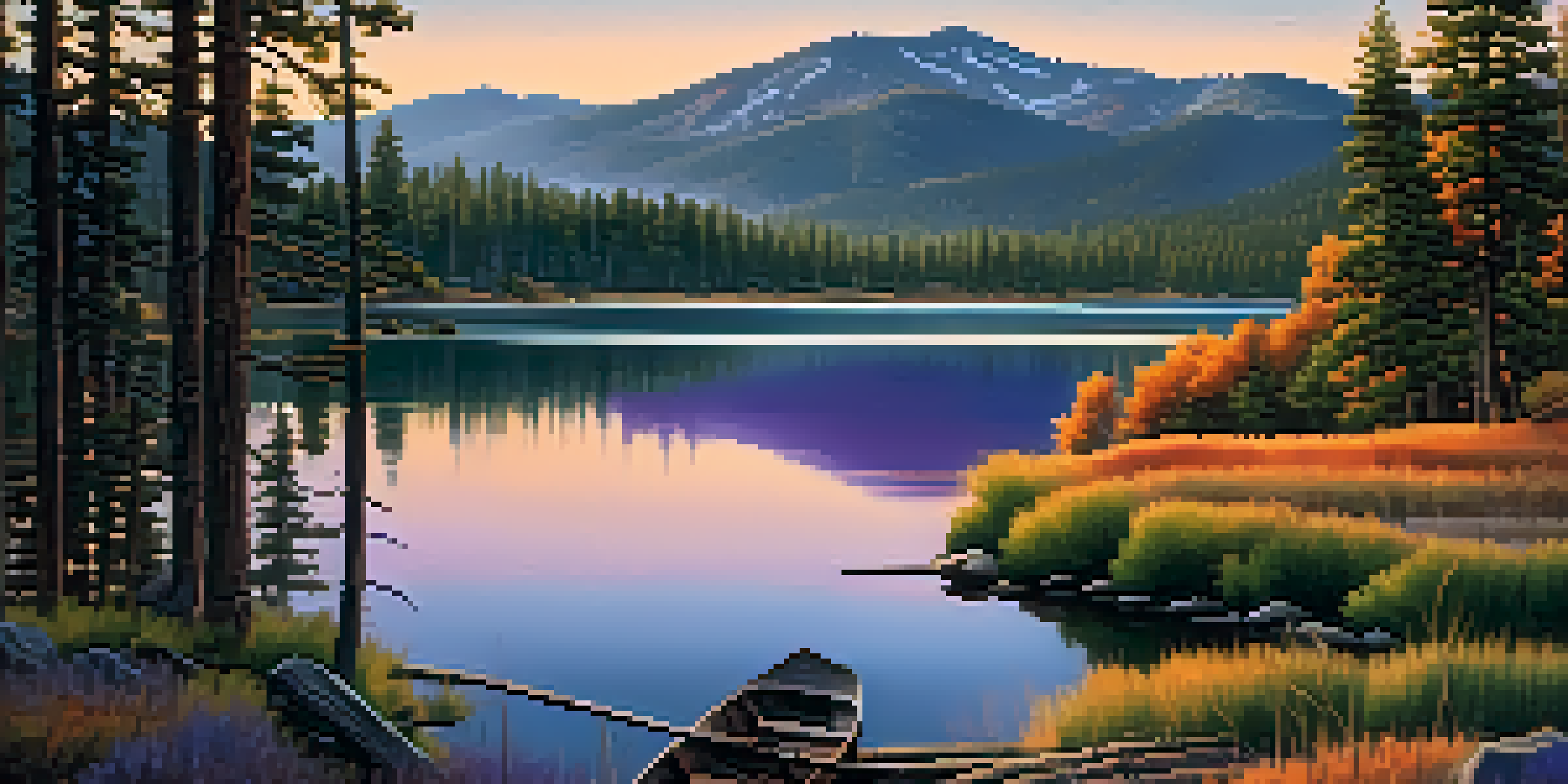A serene sunrise over Big Bear Valley, with a lake reflecting the colorful sky and a rustic wooden cabin in the foreground.
