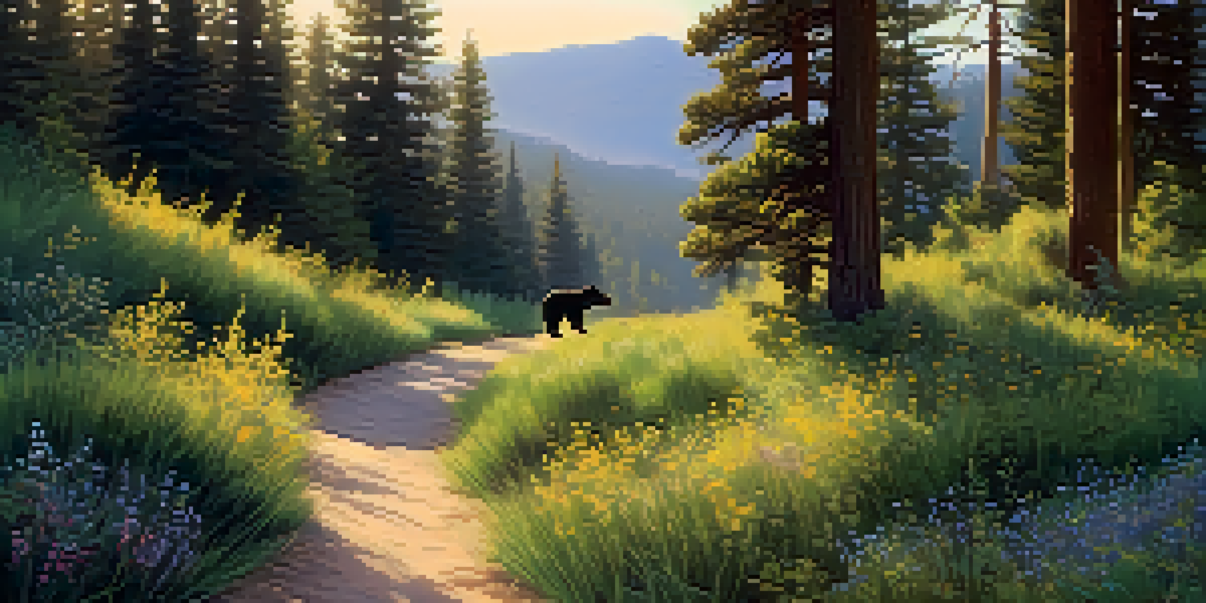 A wildlife corridor in Big Bear with trees, a path, and a black bear foraging in the distance, illuminated by morning light.